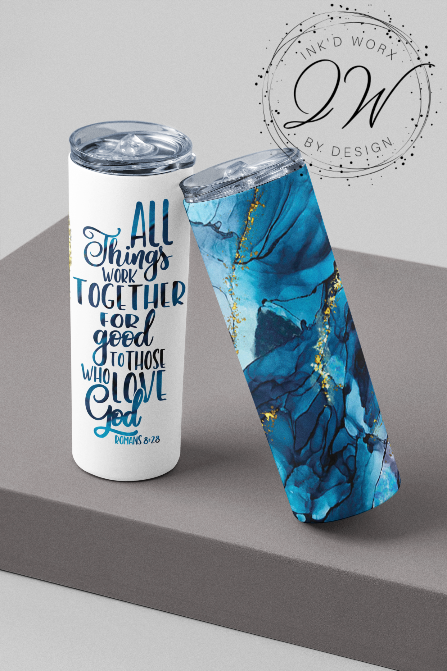 Romans 8:28 Marbled Blue 20 oz or 30 oz Skinny Sublimation Tumbler