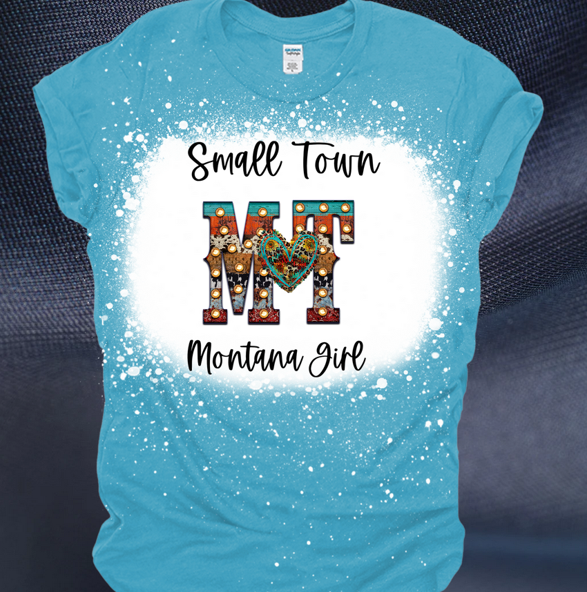 Small Town MT Montana Girl Gildan Bleached Tee Tshirt