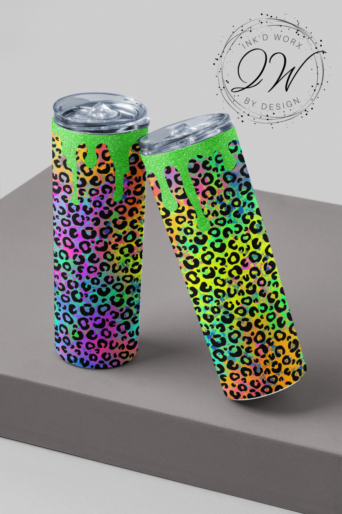 Colorful Leopard Print with green dripping rim 20 oz Skinny Tumbler with lid and straw