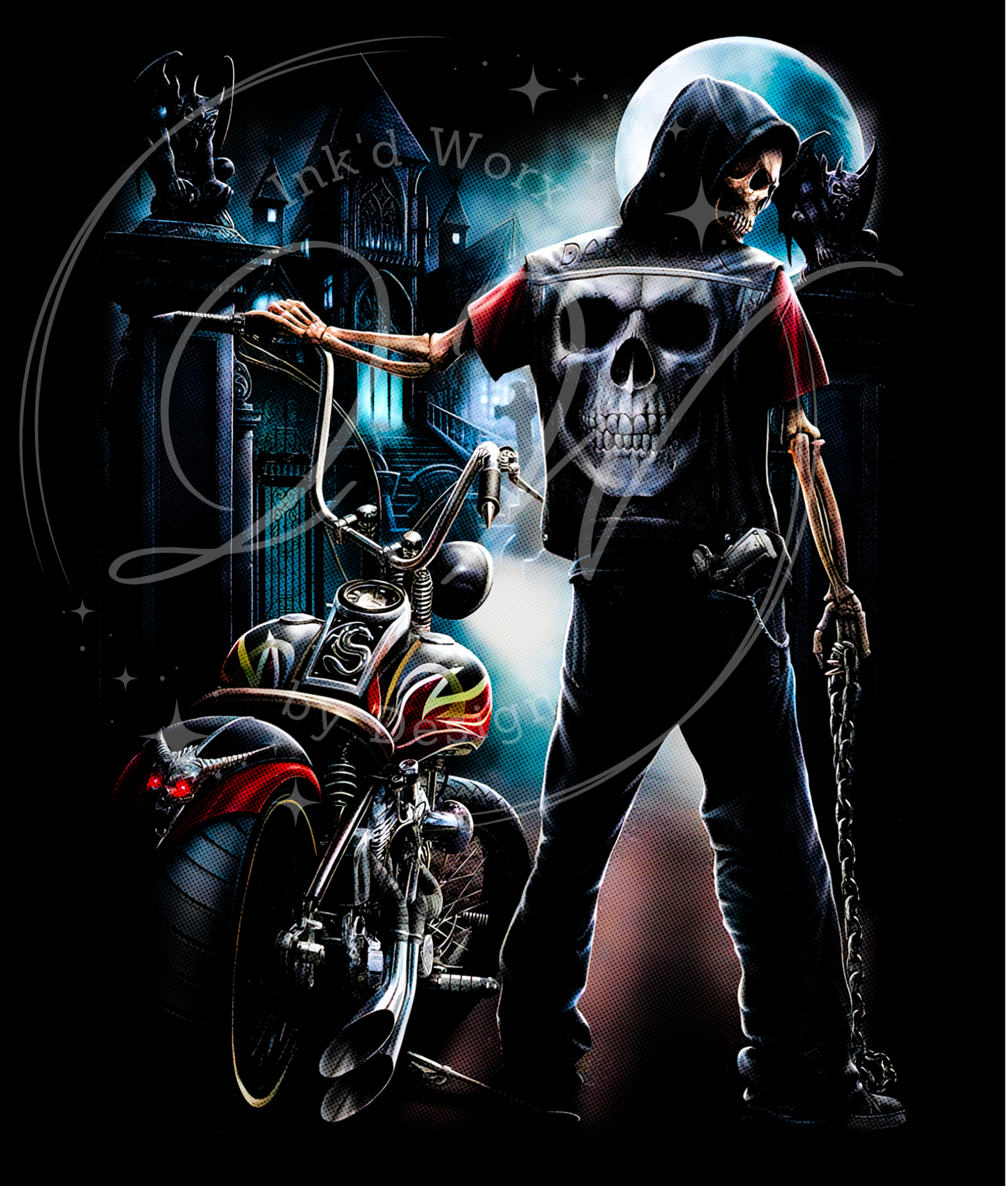 Ghost Rider Skeleton Tshirt, Skeleton on Bike, Biker T-shirt, Skull Goth Artwork