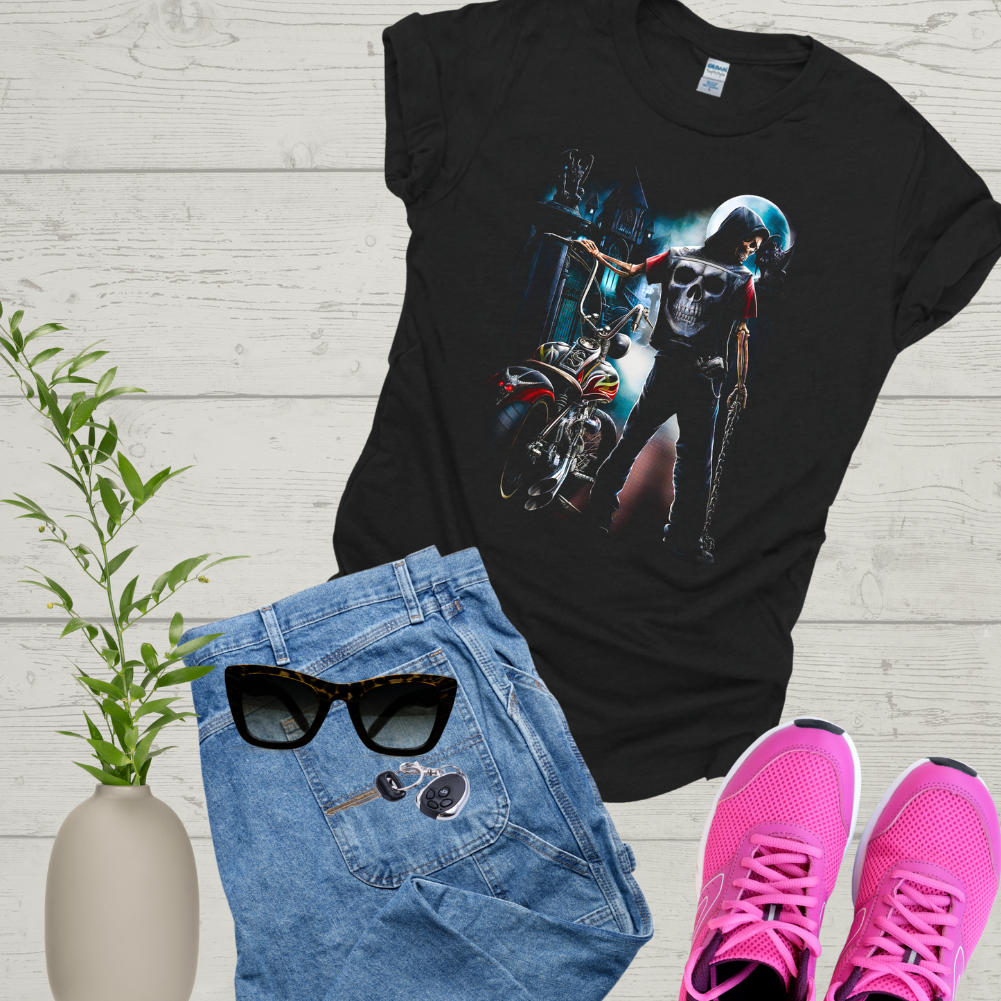 Ghost Rider Skeleton Tshirt, Skeleton on Bike, Biker T-shirt, Skull Goth Artwork