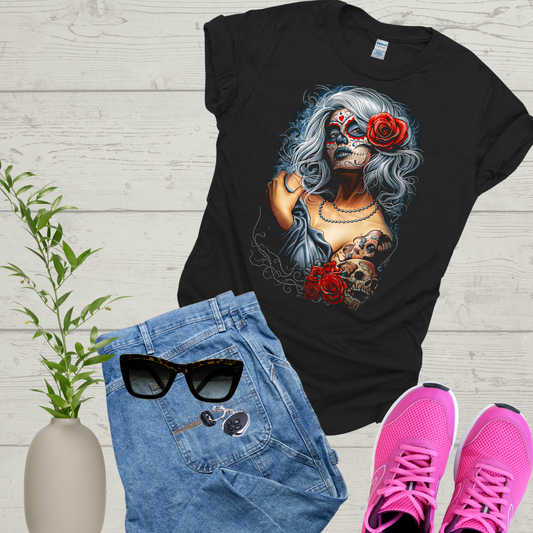 Valentine Chicana Rose, Beauty Or Death Sugar Skull, Day of the Dead, Dia de los Muertros