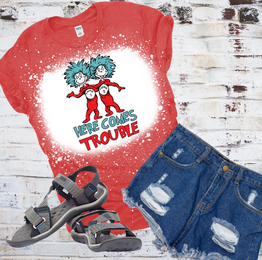 Dr Seuss Thing 1 and 2 Here Comes Trouble on Heather Red or Heather Sapphire
